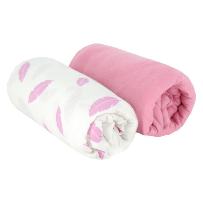 Babycalin Set of 2 fitted cot bed sheets 70 x 140cm - Pink & Pink Feathers